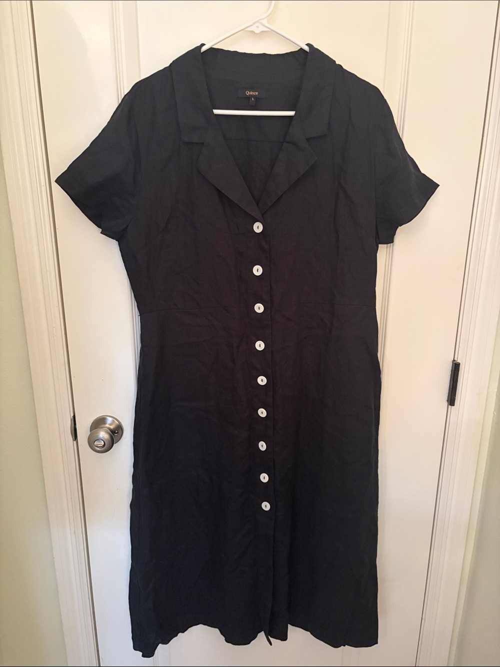 Quince European  LinenBlack Button-Up Collared Midi Dress